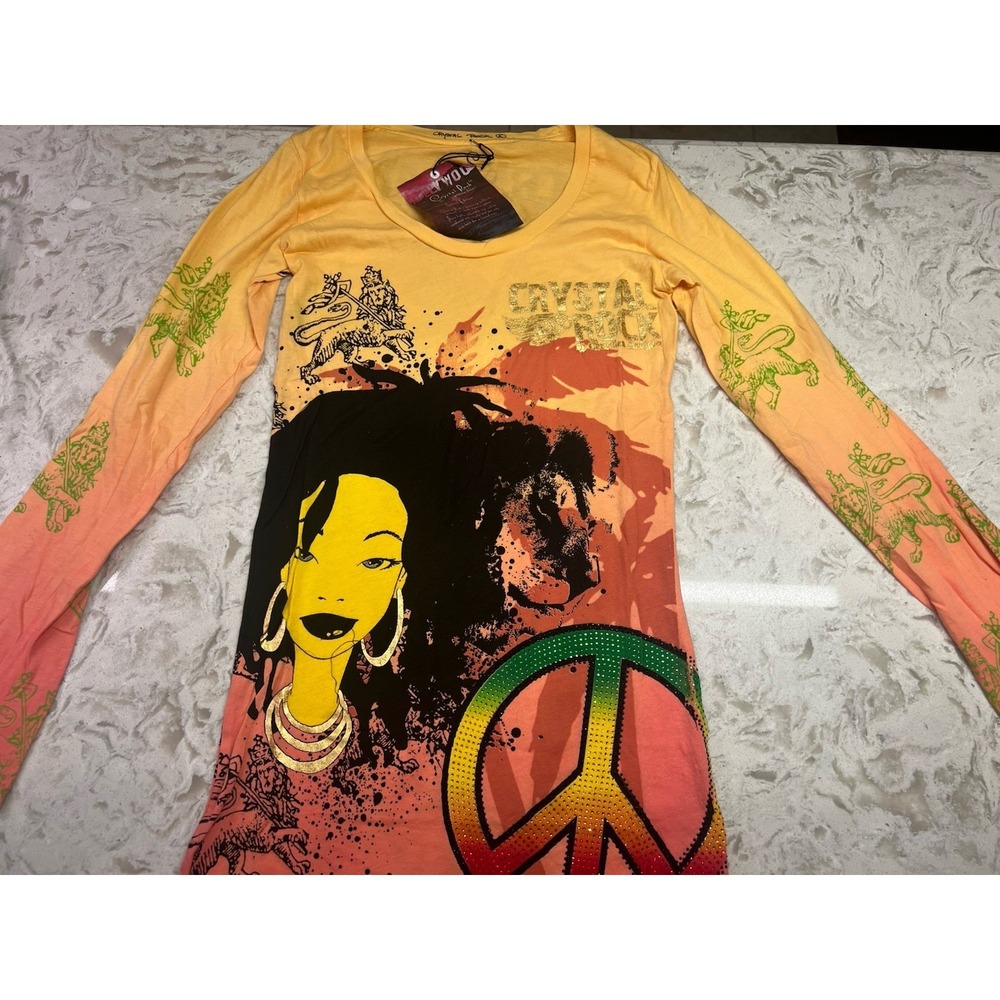 Crystal Rock Christian Audigier Woman's Jamaica Peace Rhinestone T-shirt-Size S
